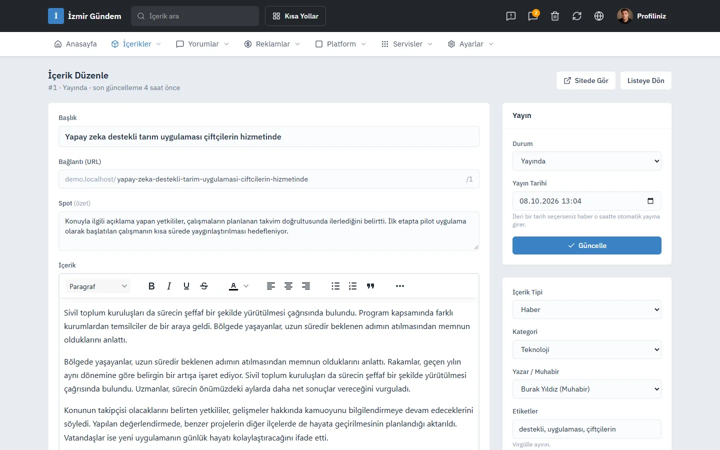 GazeteKur haber düzenleme ekranı